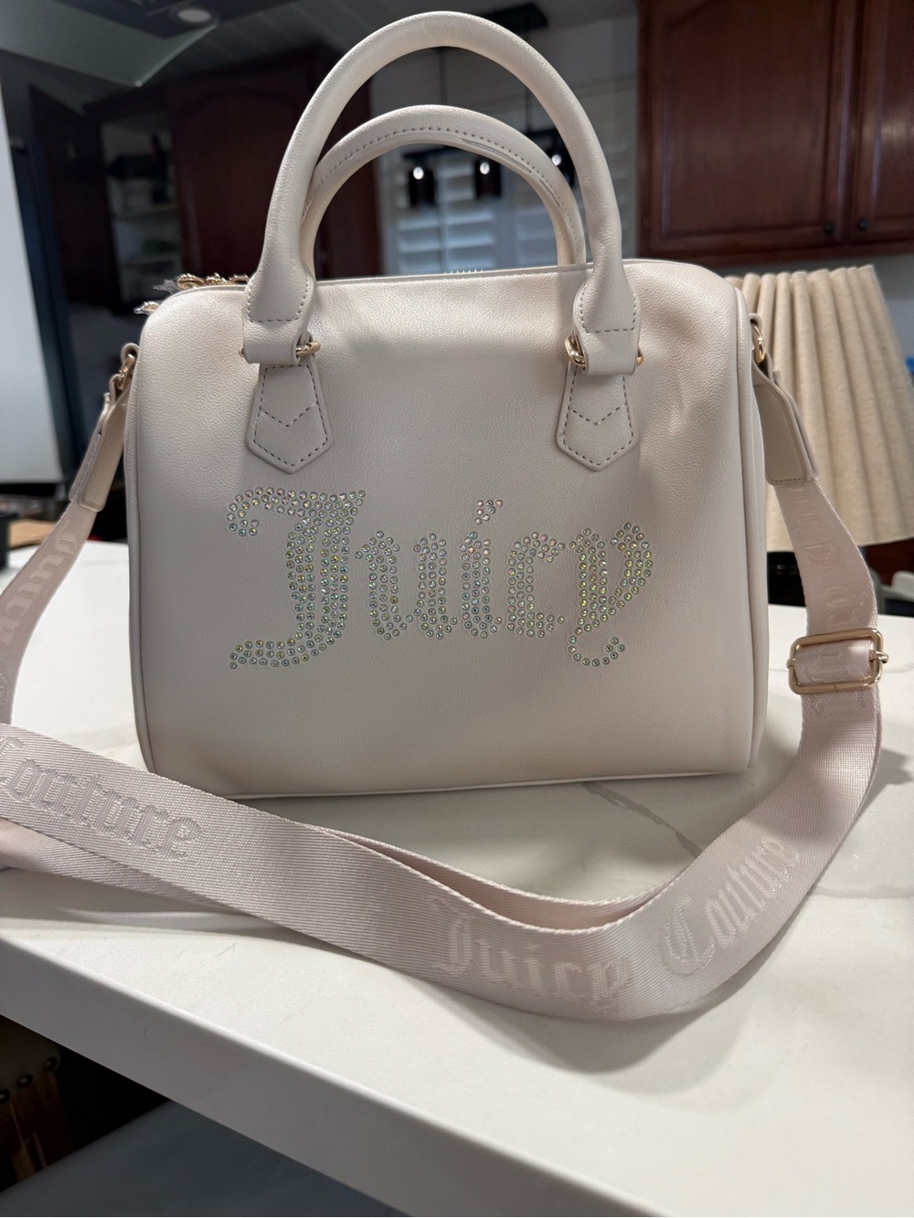Juicy Couture Pearl White Rhinestone Logo Crossbody Satchel